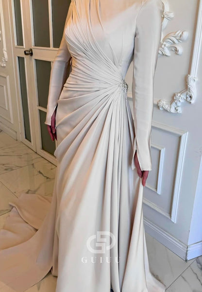 A-Line Long Sleeves Ruched Floor-Length Evening Dress