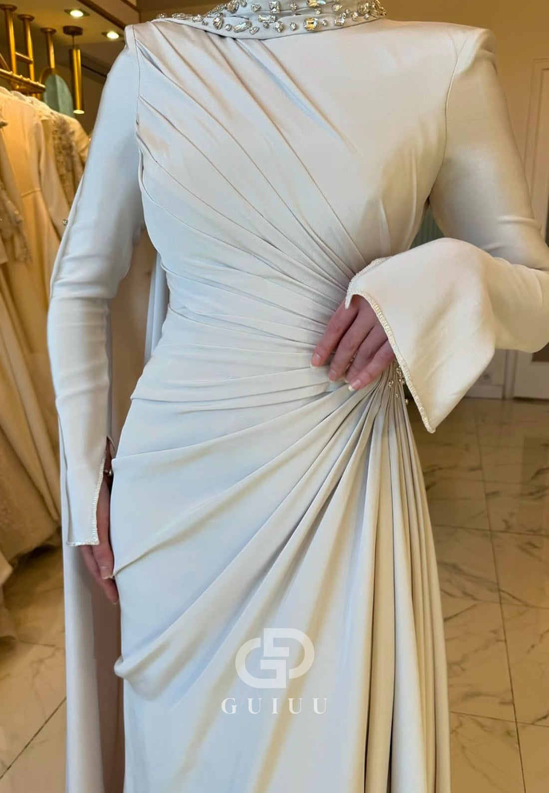 A-Line Long Sleeves Ruched Floor-Length Evening Dress
