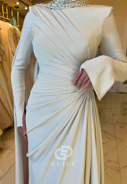 A-Line Long Sleeves Ruched Floor-Length Evening Dress