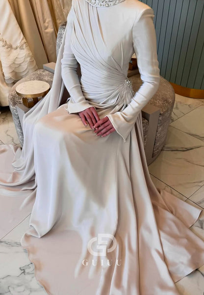 A-Line Long Sleeves Ruched Floor-Length Evening Dress