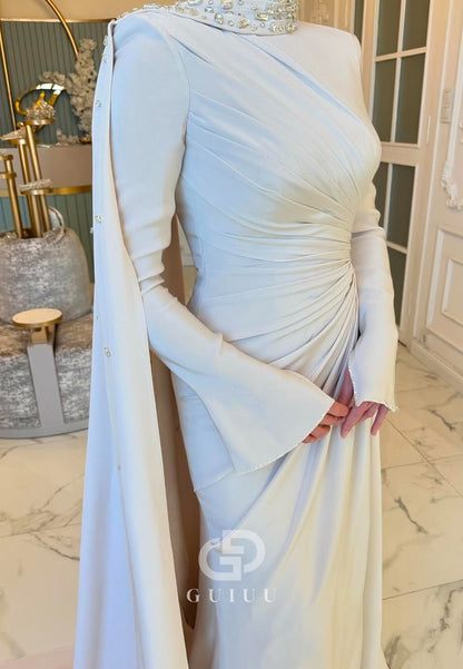 A-Line Long Sleeves Ruched Floor-Length Evening Dress