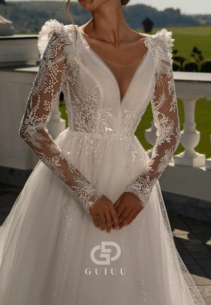 Gorgeous Long Sleeves V-Neck Corset Backless Lace Wedding Dress