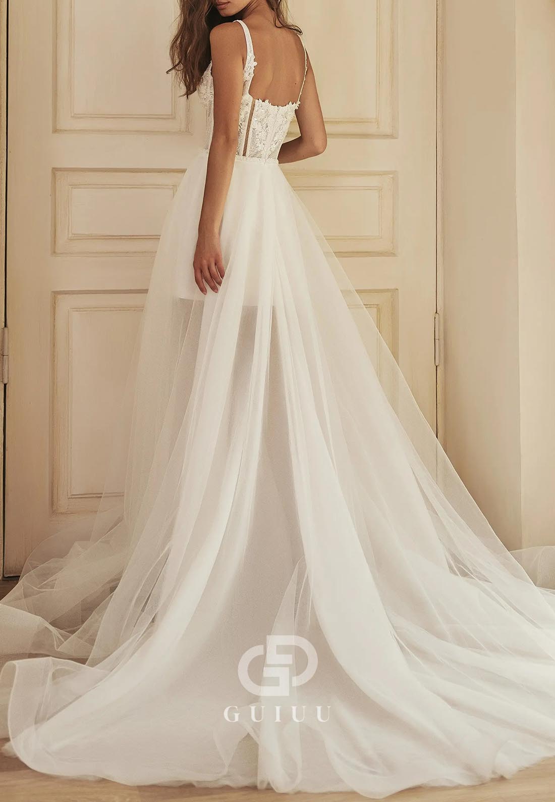 Spaghetti Straps Sweetheart Slit Beach Wedding Dress