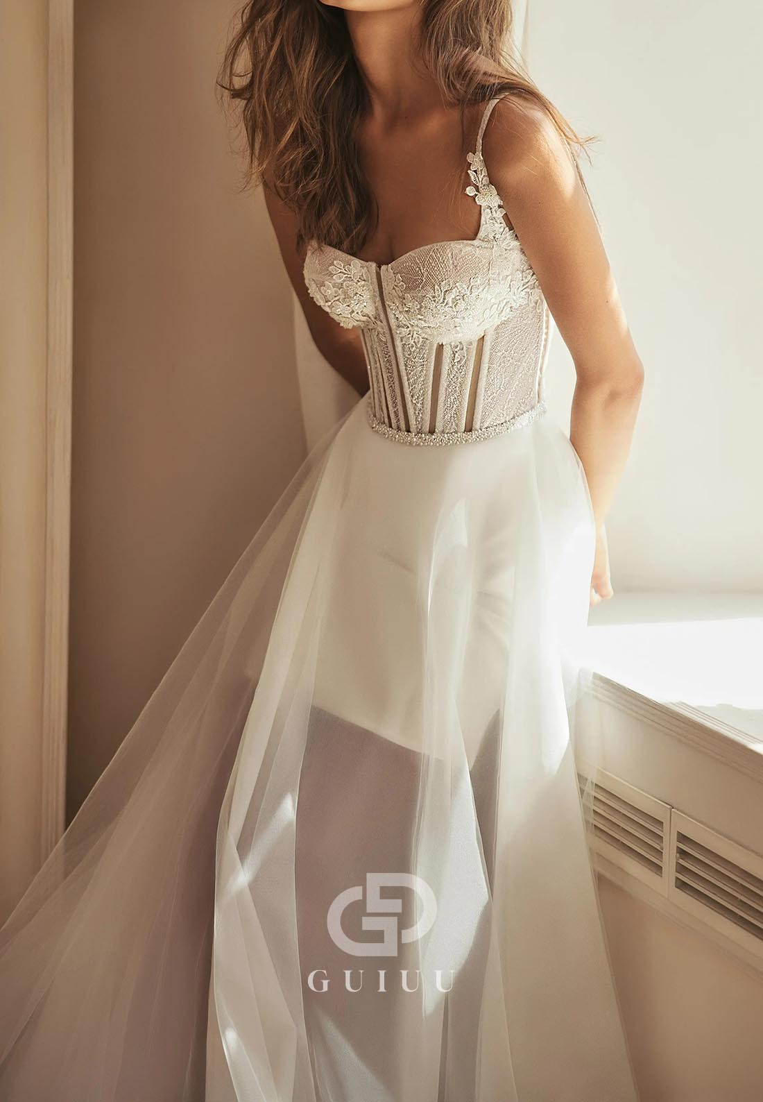 Spaghetti Straps Sweetheart Slit Beach Wedding Dress