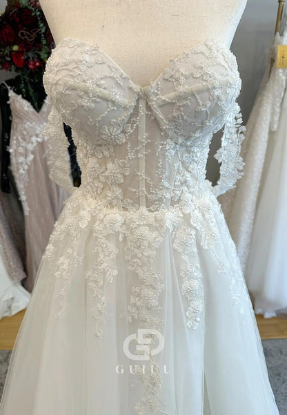 Charming A-Line Off-Shoulder Sweetheart Appliques Lace Wedding Dress
