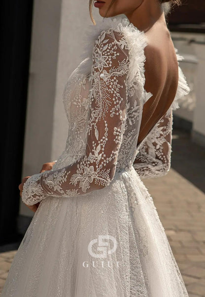 Gorgeous Long Sleeves V-Neck Corset Backless Lace Wedding Dress