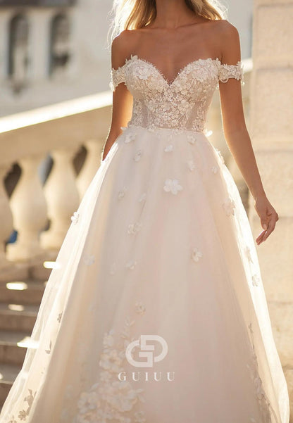 Charming A-Line Long Sleeves Sweetheart Floral Appliques Lace Wedding Dress