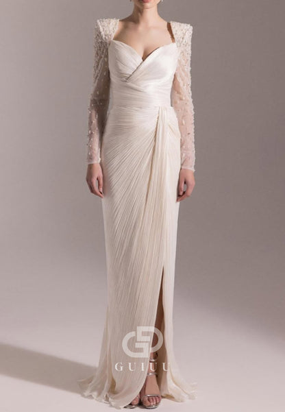 Long Sleeves Sweetheart Ruched Appliques Evening Dress