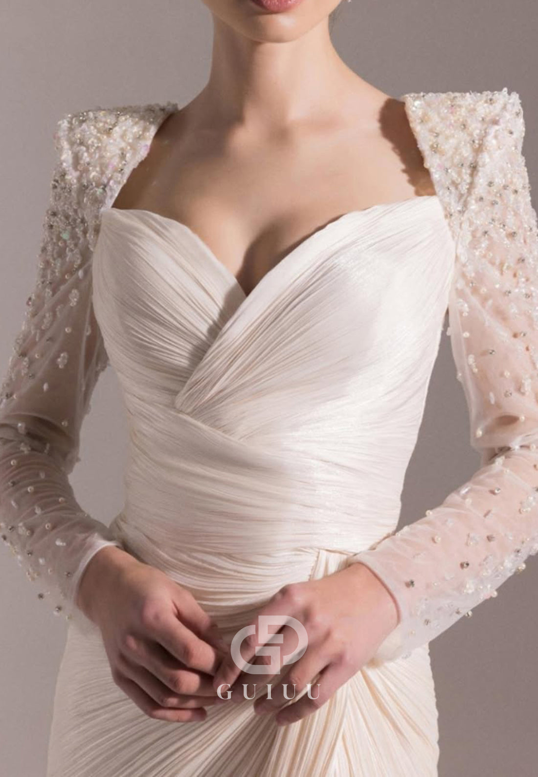 Long Sleeves Sweetheart Ruched Appliques Evening Dress