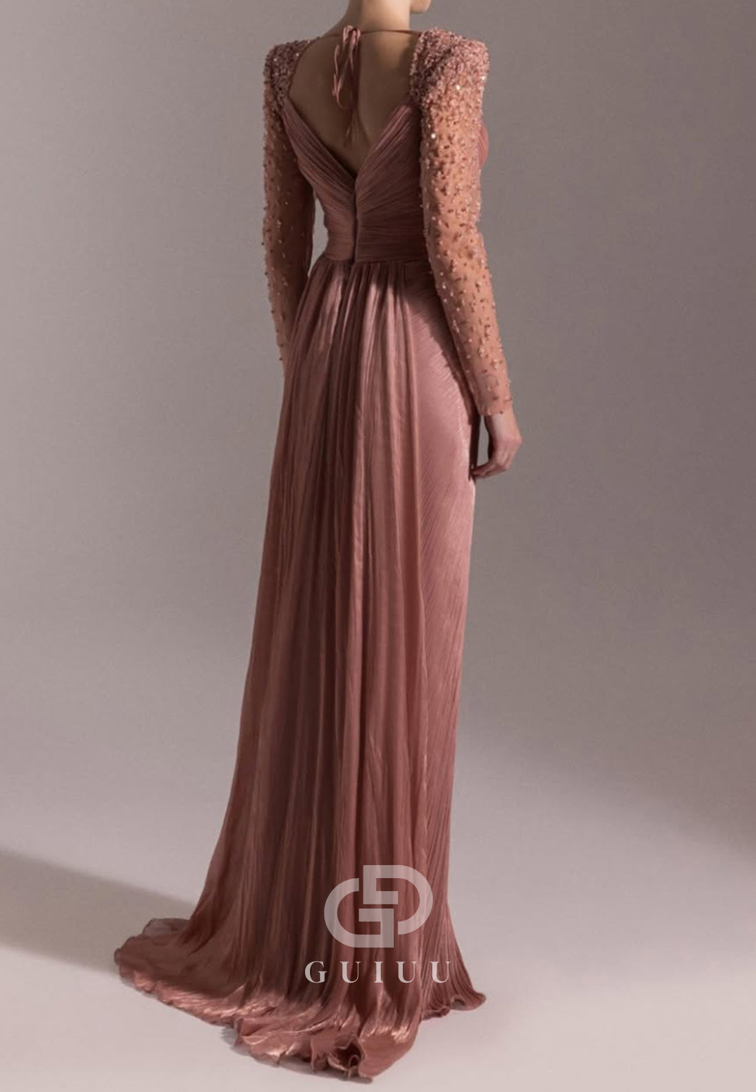 Long Sleeves Sweetheart Ruched Appliques Evening Dress