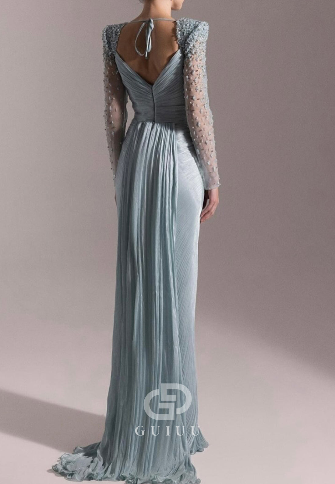 Long Sleeves Sweetheart Ruched Appliques Evening Dress