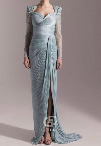 Long Sleeves Sweetheart Ruched Appliques Evening Dress