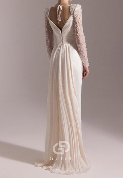 Long Sleeves Sweetheart Ruched Appliques Evening Dress