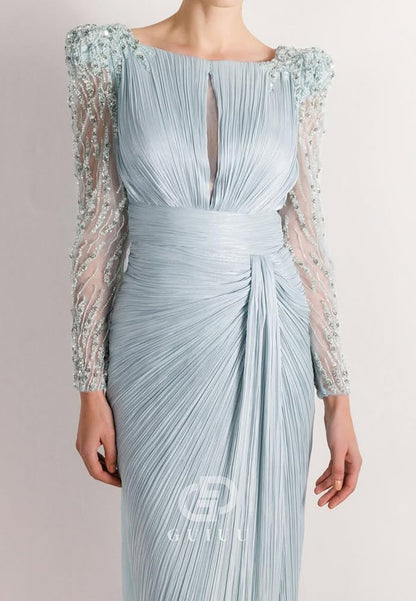 Charming A-Line Long Sleeves Scoop Appliques Evening Dress
