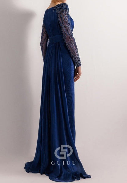 Charming A-Line Long Sleeves Scoop Appliques Evening Dress