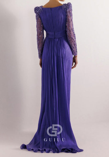 Charming A-Line Long Sleeves Scoop Appliques Evening Dress