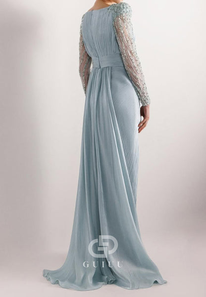 Charming A-Line Long Sleeves Scoop Appliques Evening Dress