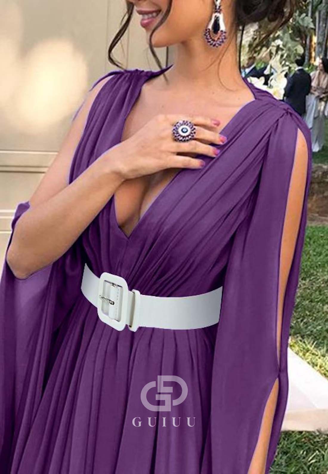 Simple A-Line Cap Sleeves Deep V-Neck Empire-Waist Evening Formal Dress