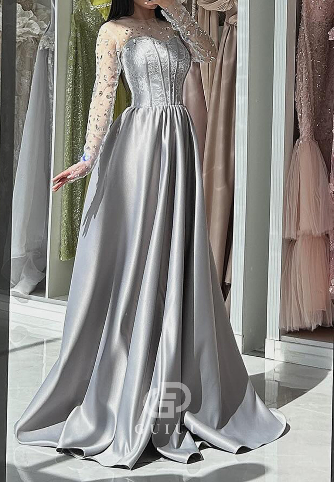 Long Sleeves Scoop Beads A-Line Empire-Waist Prom Dress