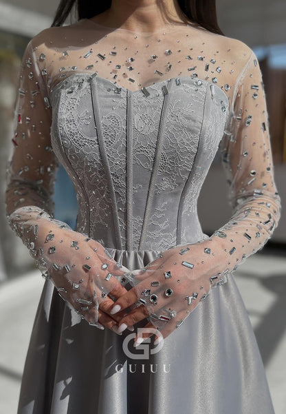 Long Sleeves Scoop Beads A-Line Empire-Waist Prom Dress