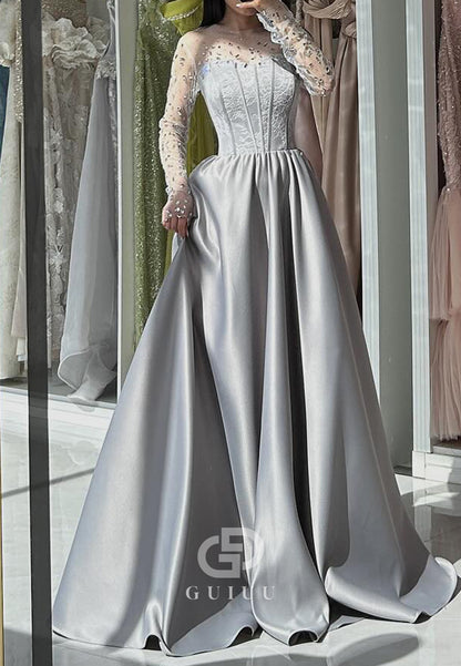 Long Sleeves Scoop Beads A-Line Empire-Waist Prom Dress