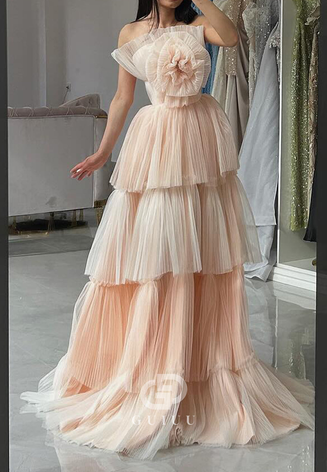 Blushing Pink Strapless Sleeveless Ruffles Lace Prom Dress