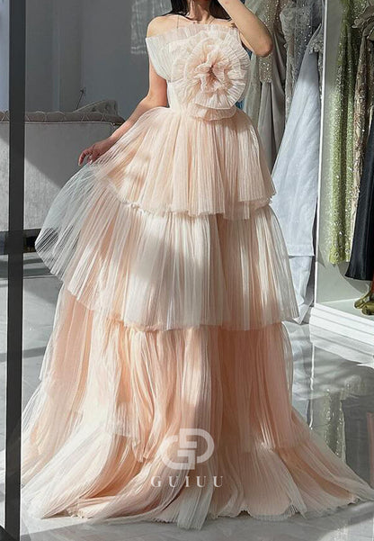 Blushing Pink Strapless Sleeveless Ruffles Lace Prom Dress