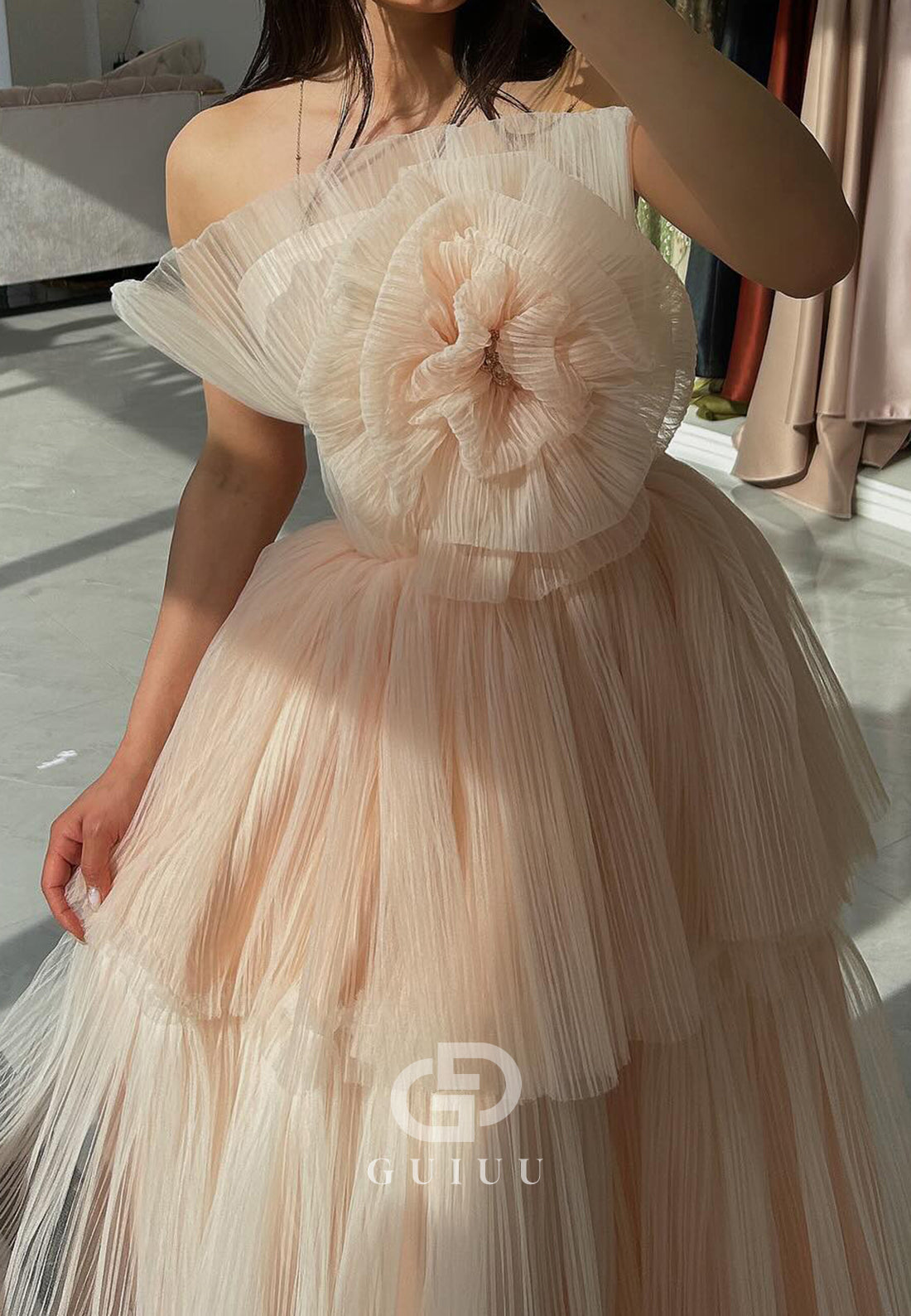 Blushing Pink Strapless Sleeveless Ruffles Lace Prom Dress