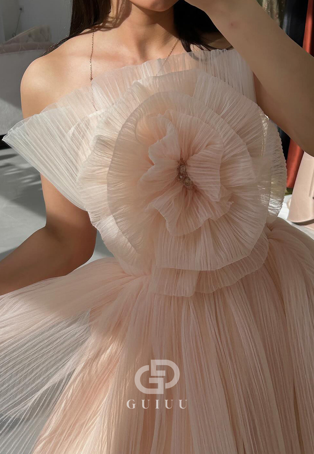 Blushing Pink Strapless Sleeveless Ruffles Lace Prom Dress