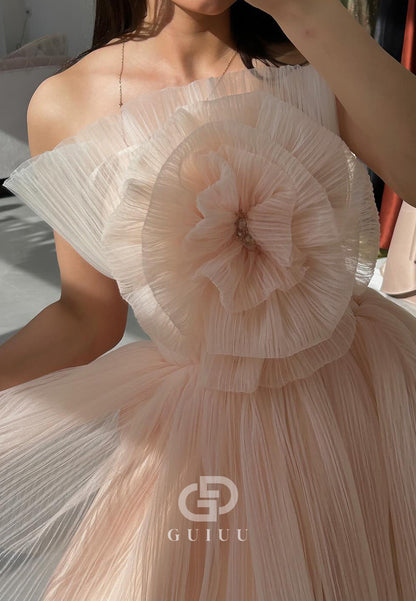Blushing Pink Strapless Sleeveless Ruffles Lace Prom Dress