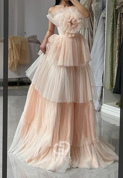 Blushing Pink Strapless Sleeveless Ruffles Lace Prom Dress