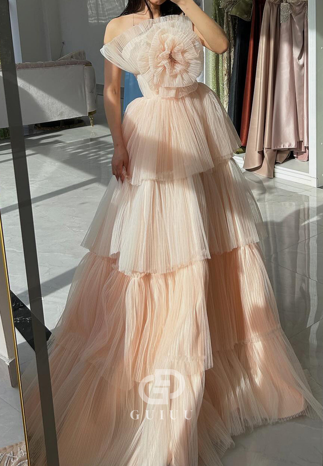 Blushing Pink Strapless Sleeveless Ruffles Lace Prom Dress