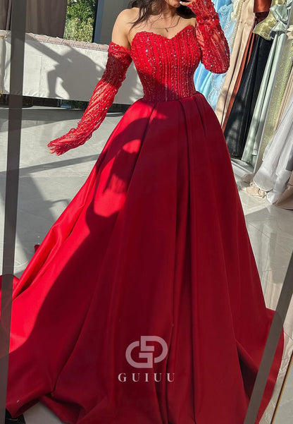 Red Long Sleeves Sweetheart Beads A-Line Prom Dress