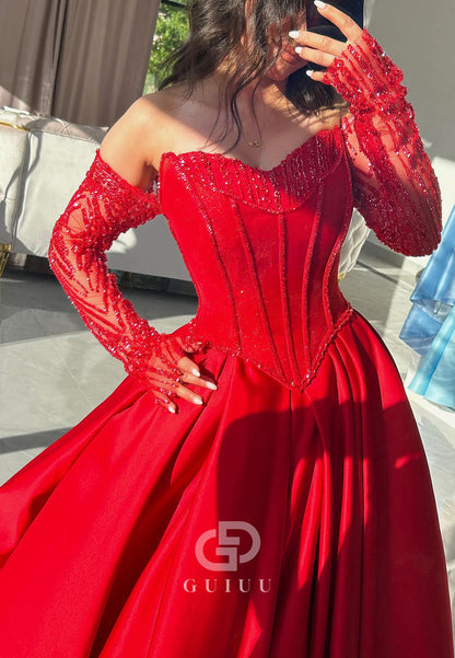Red Long Sleeves Sweetheart Beads A-Line Prom Dress