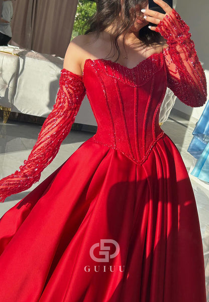 Red Long Sleeves Sweetheart Beads A-Line Prom Dress
