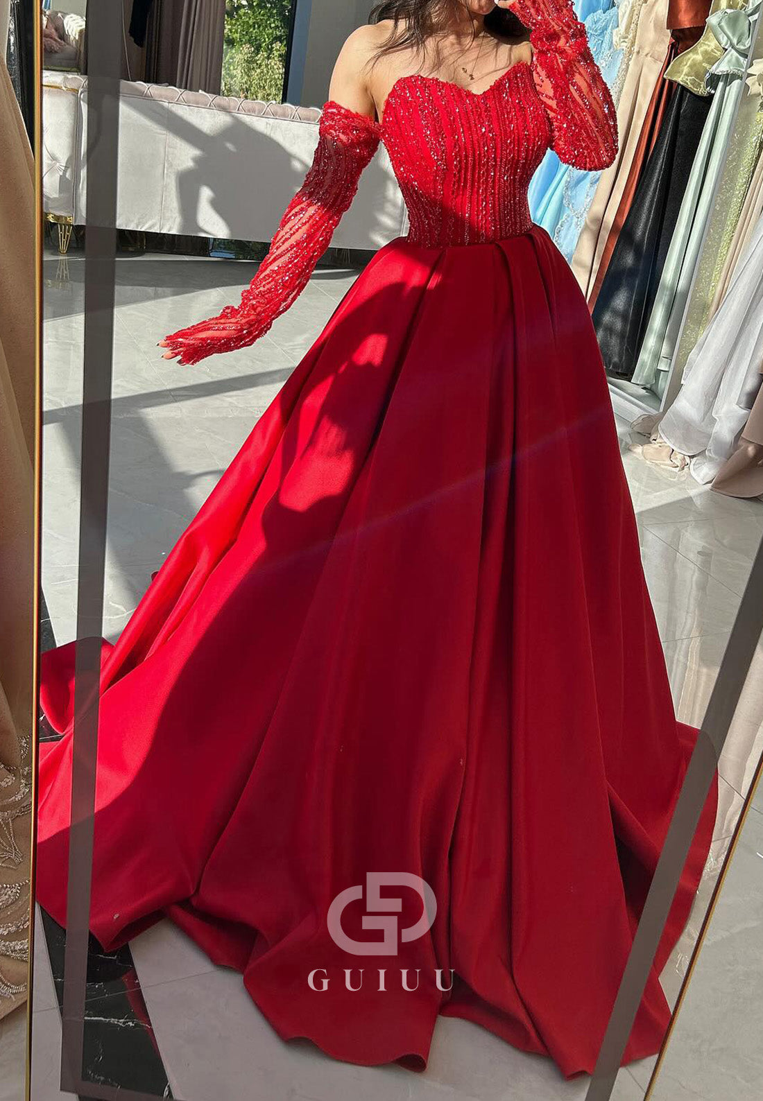 Red Long Sleeves Sweetheart Beads A-Line Prom Dress