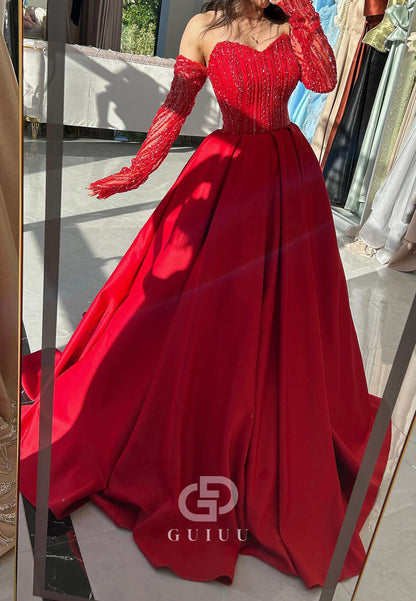 Red Long Sleeves Sweetheart Beads A-Line Prom Dress